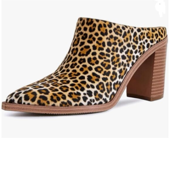 FOWT Brown Leopard Pointed Toe Slip On Mules Stacked Block High Heel Sandal - Picture 1 of 8